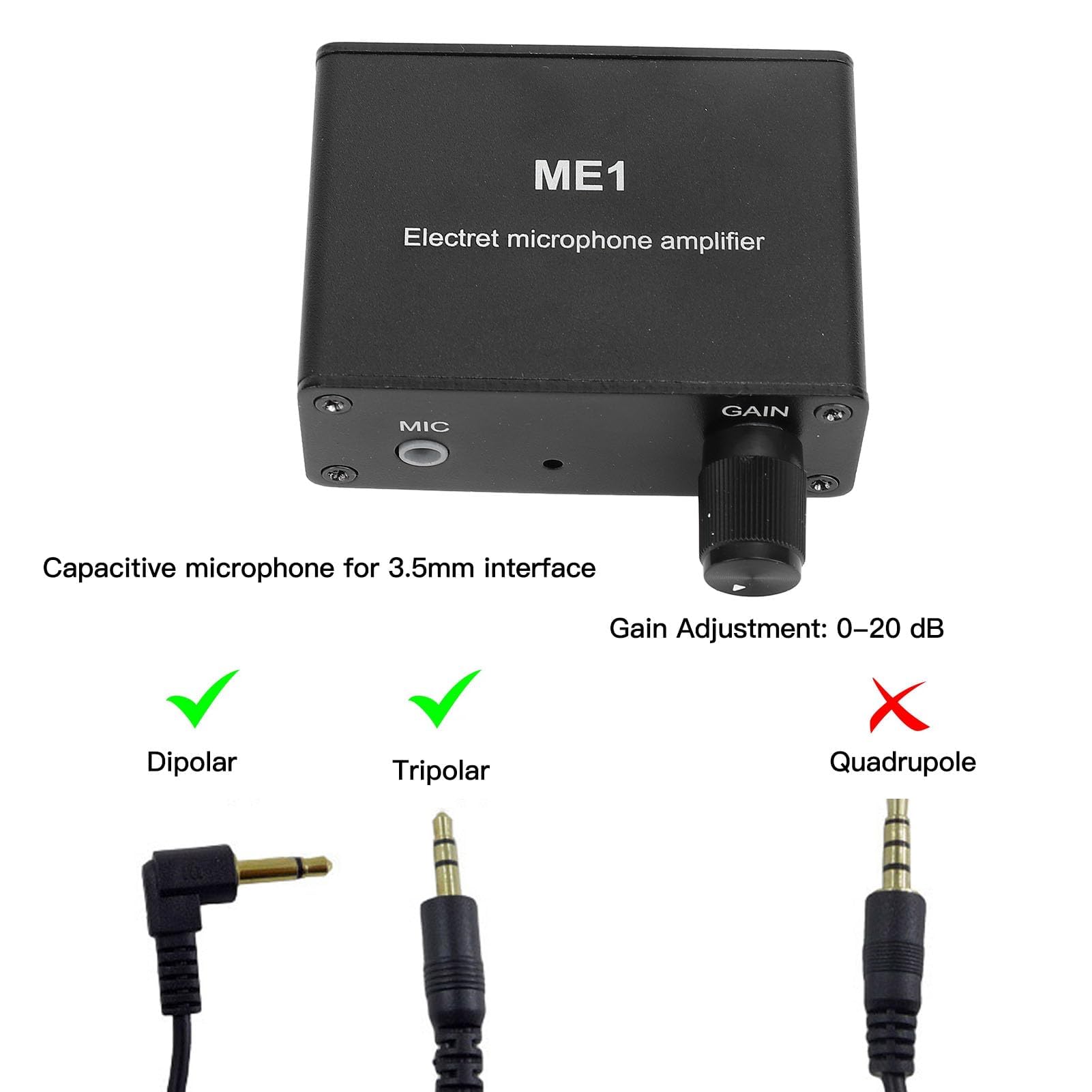 Amplificateur de Microphone à Condensateur - Préampli Son avec Gain Réglable 0-20dB - Entrée 3,5mm pour Casque