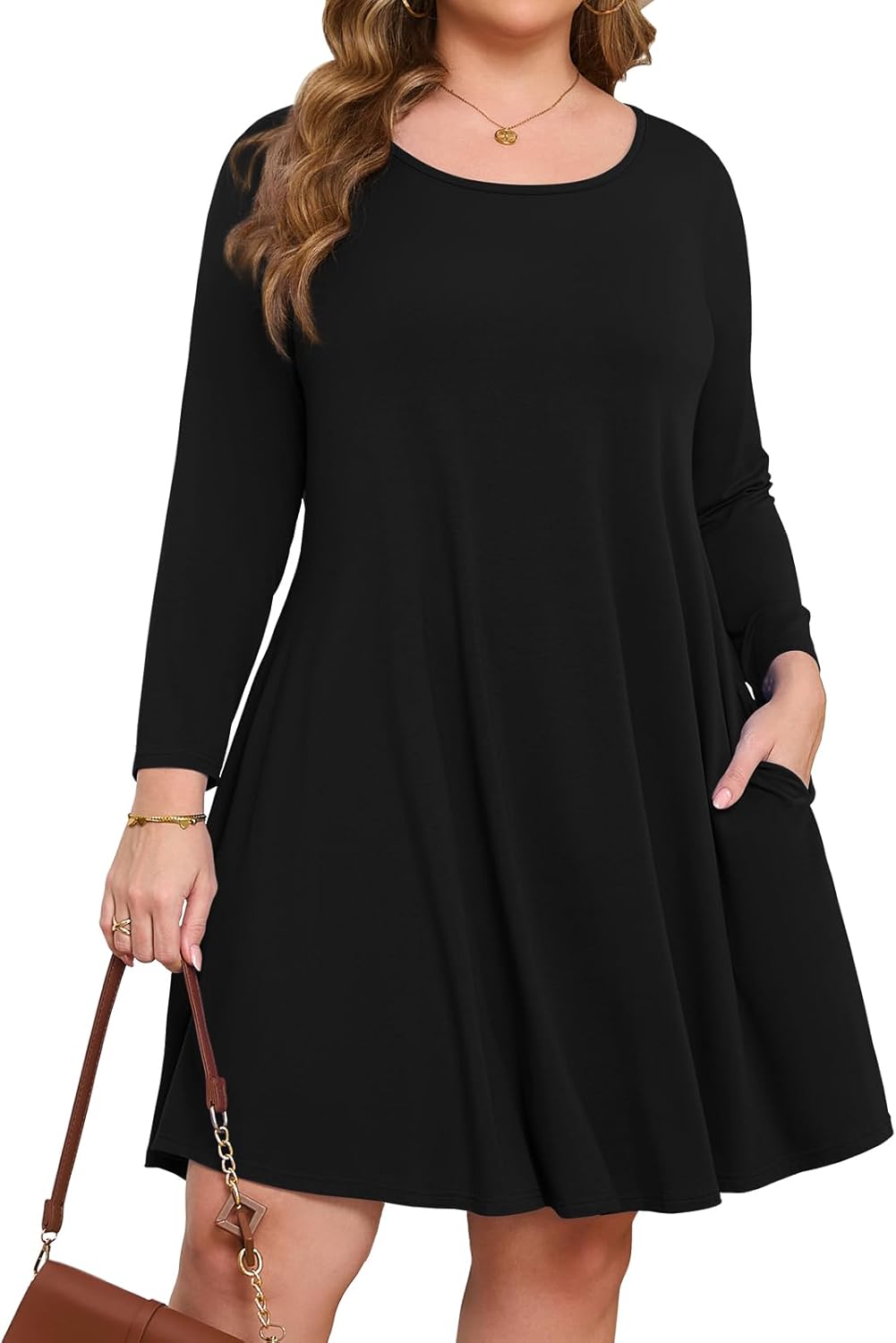 JollieLovin Women Plus Size 3/4 Sleeve Casual Dresses Crew Neck T Shirt Swing Dress with Pockets
