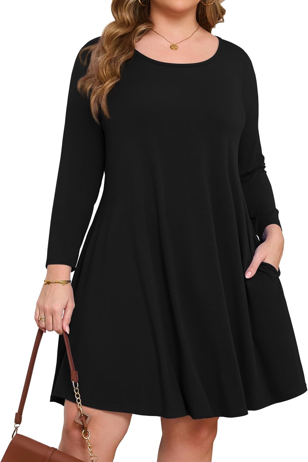 Women Plus Size 3/4 Sleeve Casual Dresses Crew Neck T Shirt Swing Dress with Pockets