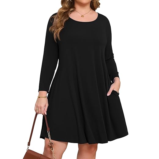 JollieLovin Fall Dresses for Women 3/4 Sleeve Plus Size Tshirt Dresses with Pockets Casual Swing Long Sleeve Dresses Loose Fit Winter Dresses Black 2X