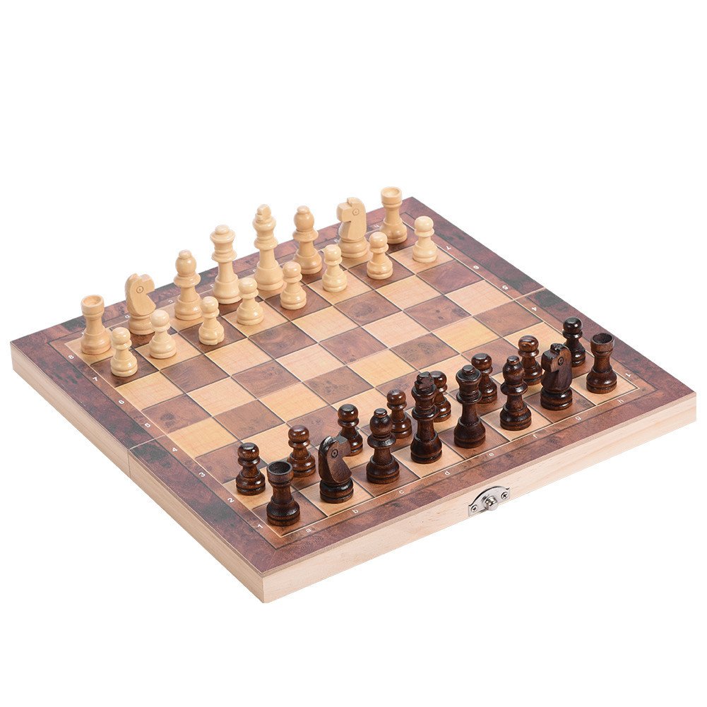 Set di Scacchi in Legno Pieghevole 3in1 Scacchiera in Legno Portatile Gioco di Scacchi Pieghevole per Feste in Famiglia(34 * 34cm)