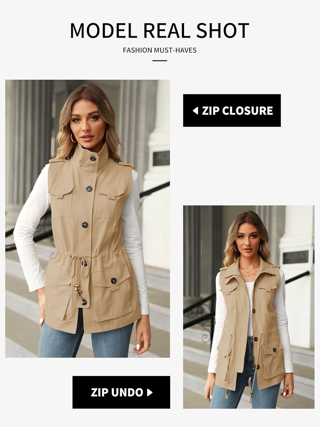 Koodred Women's Casual Military Utility Vest Lightweight Sleeveless Drawstring Jackets with Pockets - Image 4