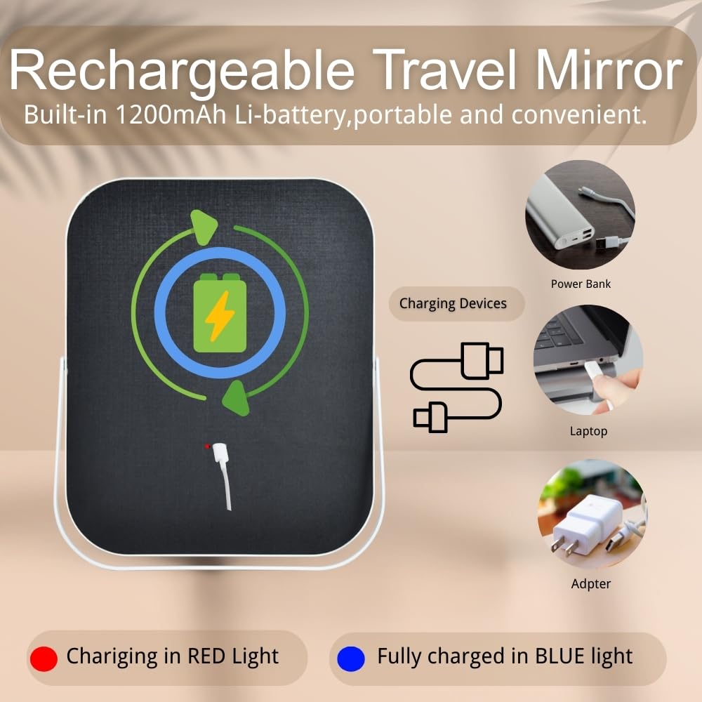 LED-Make-up-Spiegel, wiederaufladbar, mit 3 Farbeinstellungen, Touch-Steuerung, tragbarer und kabelloser Kosmetikspiegel, Premium-Metallrahmen, Geschenk bereit für Reisen, Weiß