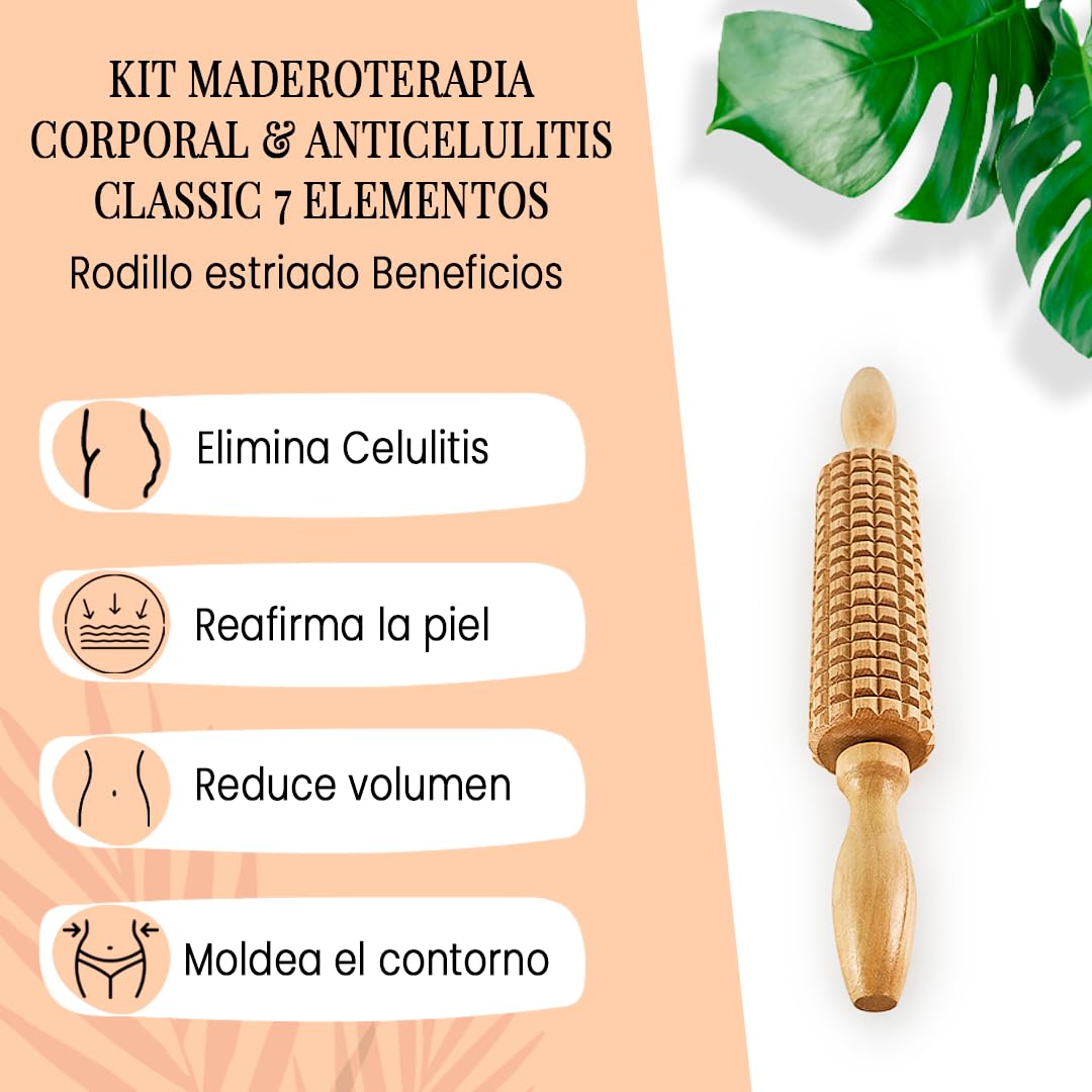 Zestaw do ciała i antycellulitowy 7 elementów Classic |Maderoterapia | Wykonane z drewna sosnowego i naturalnego lotosu I Zaprojektowany przez Estetyczną Maderoterapię Hiszpania | Zawiera kurs DVD
