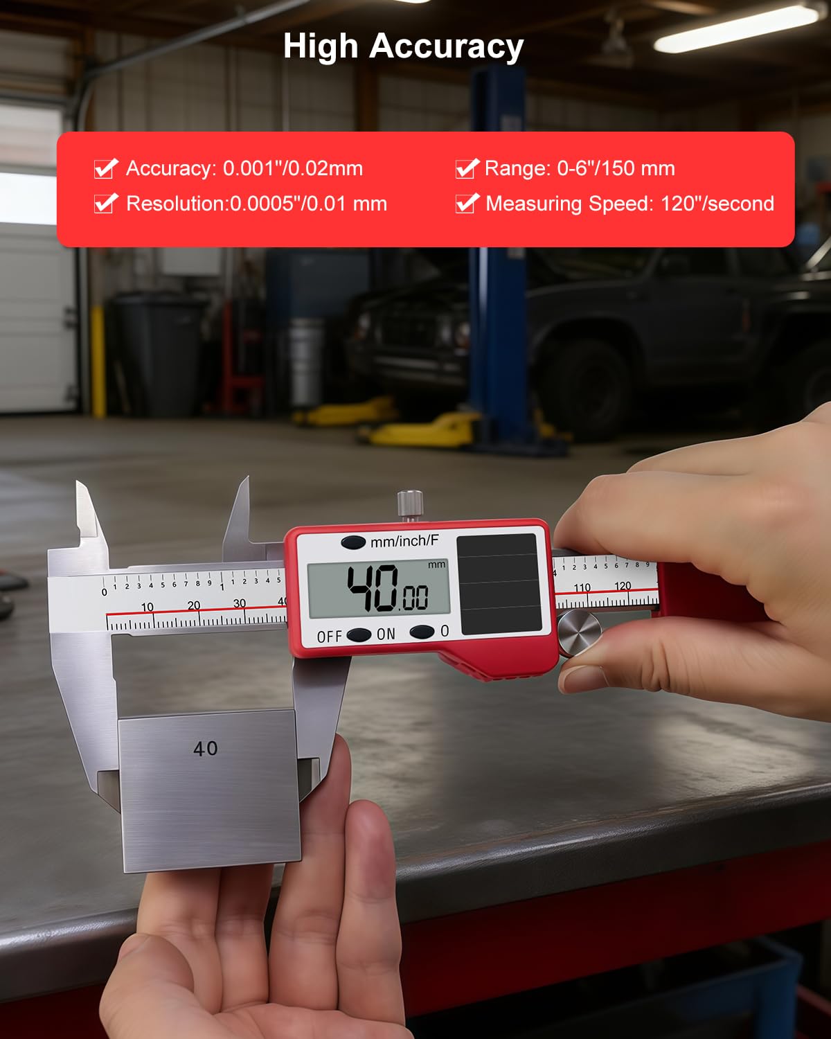 GODESON Calibrador digital alimentado por energía solar, calibradores digitales de 6 pulgadas con precisión de 0.000 pulgadas, acero inoxidable, 3 unidades/mm/fracción, 5 modos incluyendo diferencial