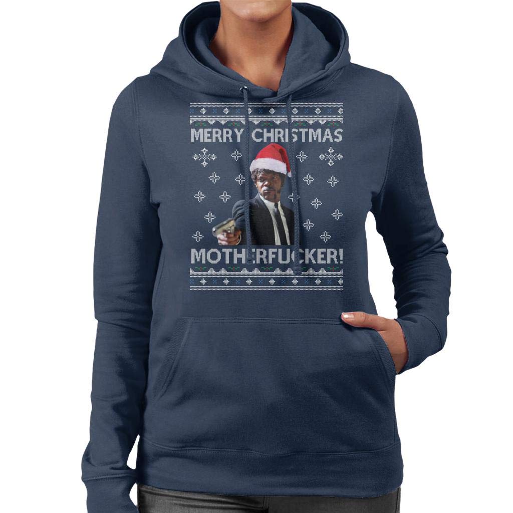 Cloud City 7 Women's Navy Blue Samuel L Jackson Merry Christmas Motherfucker Pulp Fiction Hooded Sweatshirt