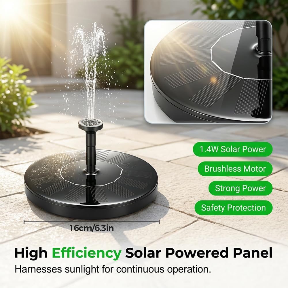 Floating Solar Fountain for Bird Bath, Solar Powered Water Fountain Pump Outdoor Bird Bath Fountain Backyard Decor, Garden, Pond, Pool (Black 6.3")
