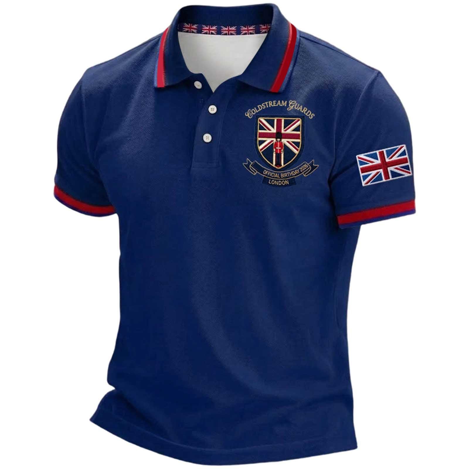 Mens England Polo Shirts Football 2026 Short Sleeve Collared Neck Great Britain Bunting Flags Print Union Jack T Shirt England Football Jersey Tops Breathable Fans Shirts (002-Blue, 6XL)
