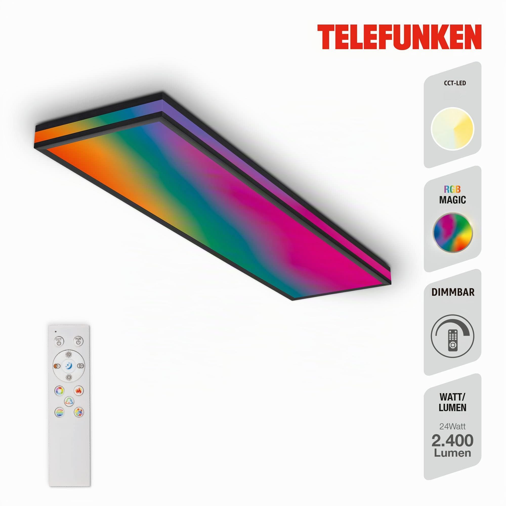 TELEFUNKEN - LED Deckenleuchte RGBIC Magic, LED Deckenlampe CCT, inkl. Randlicht, Dimmbar, Farbwechsel, Fernbedienung, Nachtlicht, 1000x250x70 mm (LxBxH), Schwarz