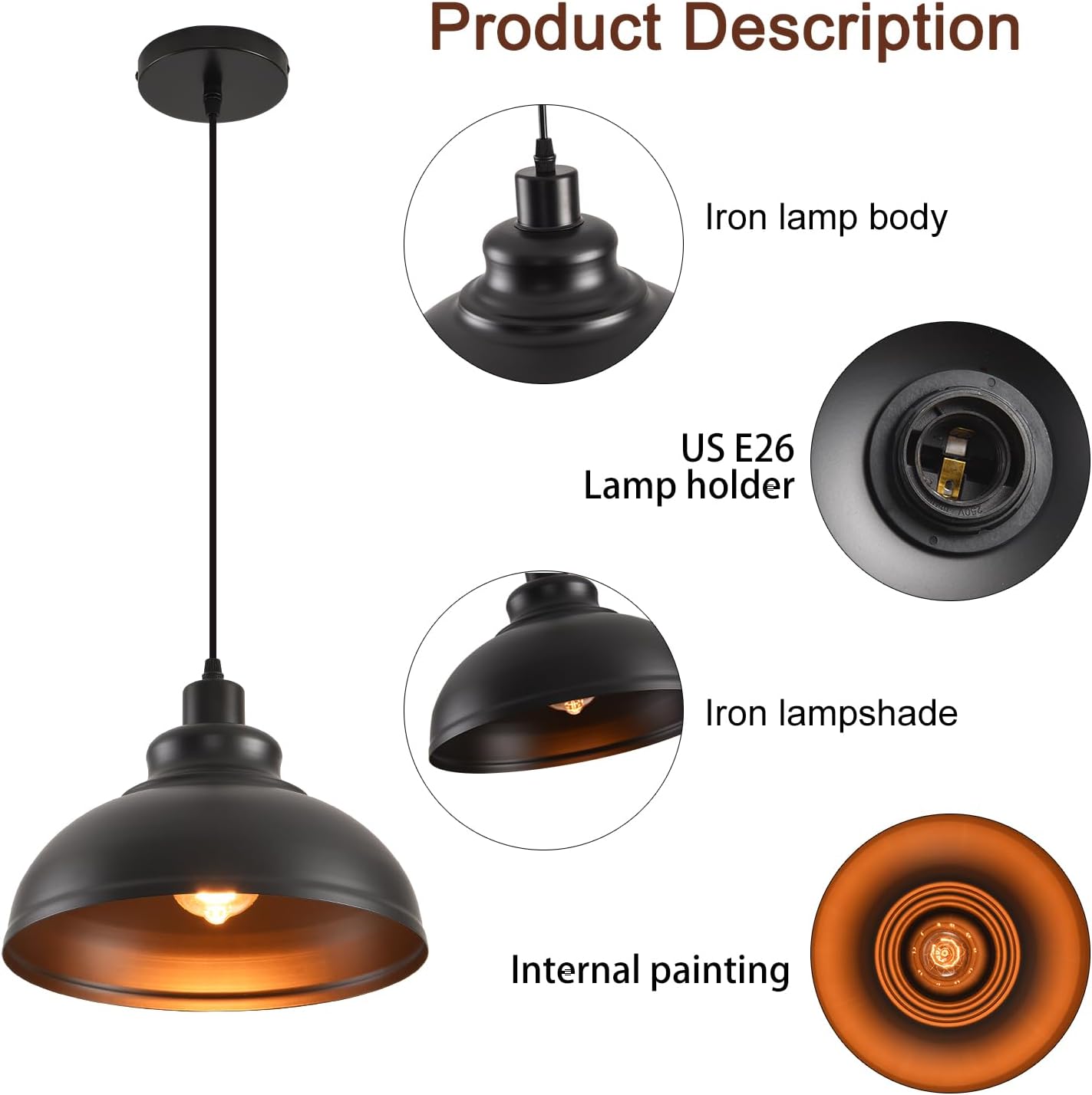 Pendant Lighting Vintage Industrial Fixtures, Farmhouse Pendant Lamp, Hanging Light Fixtures with Metal Shade (Black Inside), Industrial Black Pendant Lights for Hallway Kitchen Island Dining Room