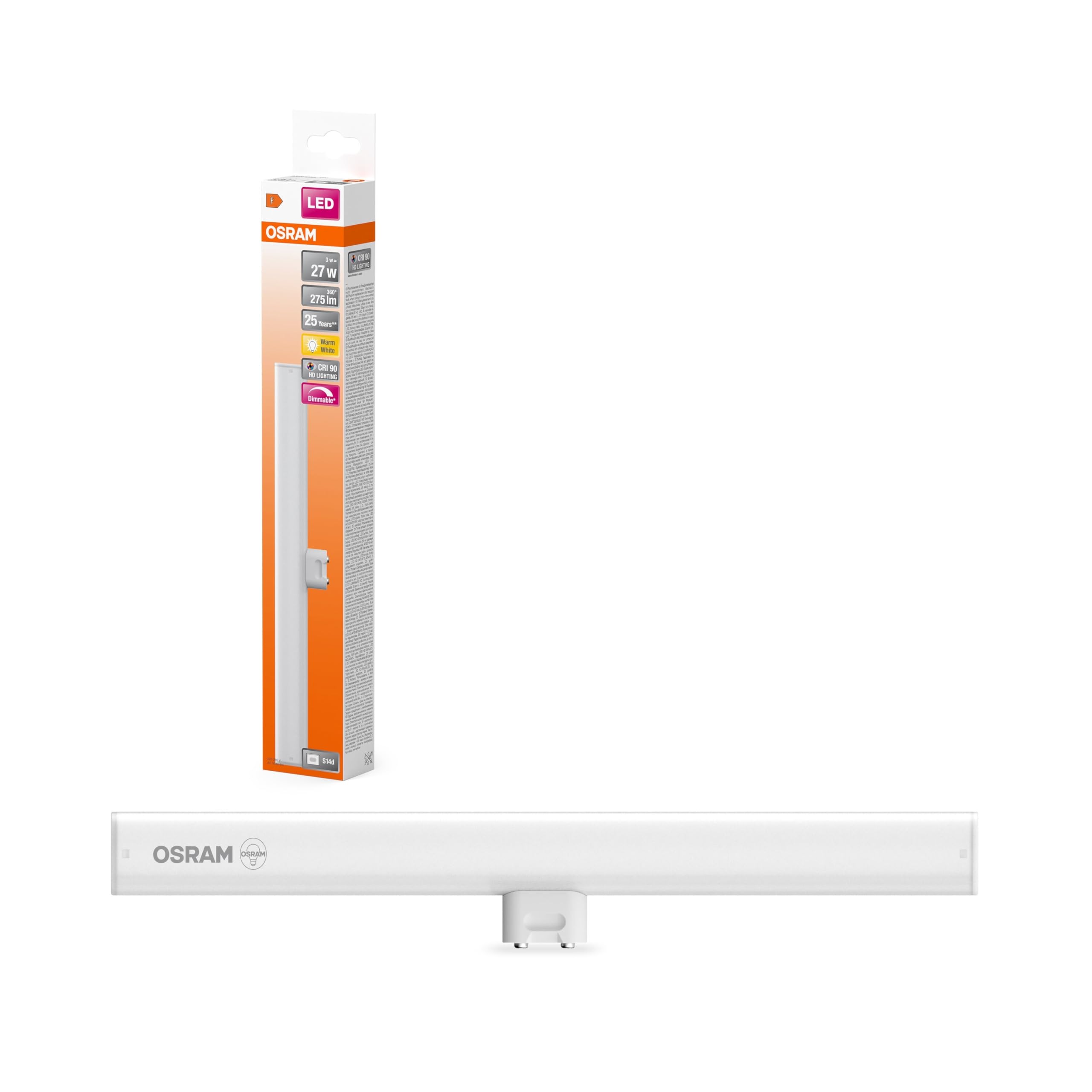 Osram LEDinestra Frosted Plastic S14d Dimmable LED Lamp Warm White Light 2700K 30cm Long 3W 275LM Excellent Color Rendering CRI 90 EEK F