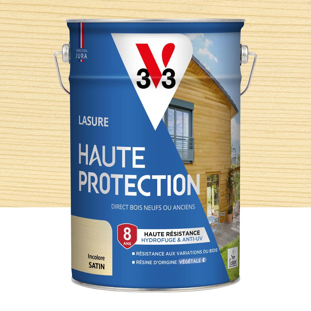 V33 Vernice per legno esterno incolore satinato, alta protezione 8 anni, alta resistenza idrorepellente e UV, resistente alle variazioni del legno, ecolabel, resina di origine vegetale, 5 l