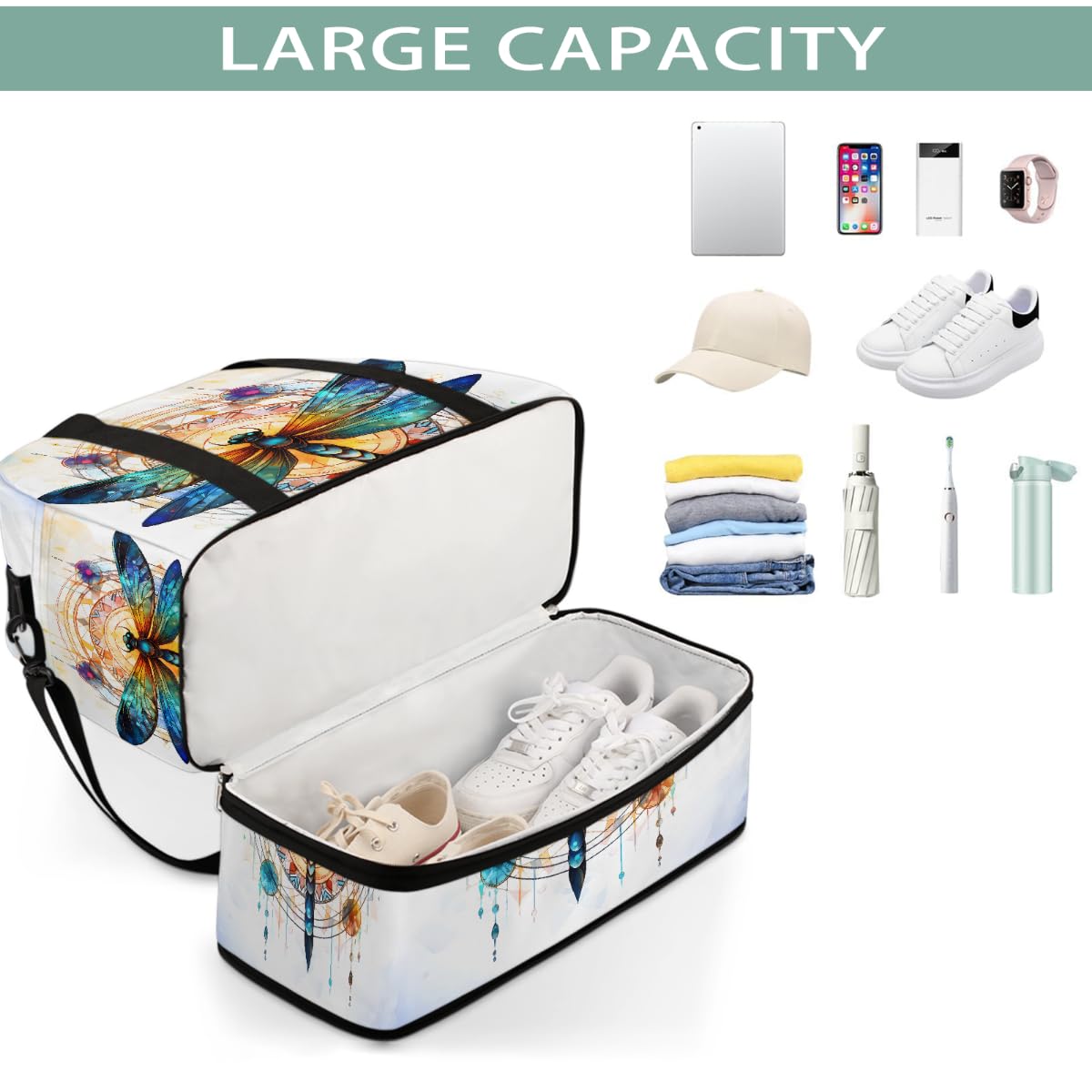 Borsone da viaggio pieghevole con motivo mandala psichedelico, borsa da palestra espandibile con scomparto per scarpe, grande capacità, borsa da weekender, borsa da viaggio, sport, viaggi notturni