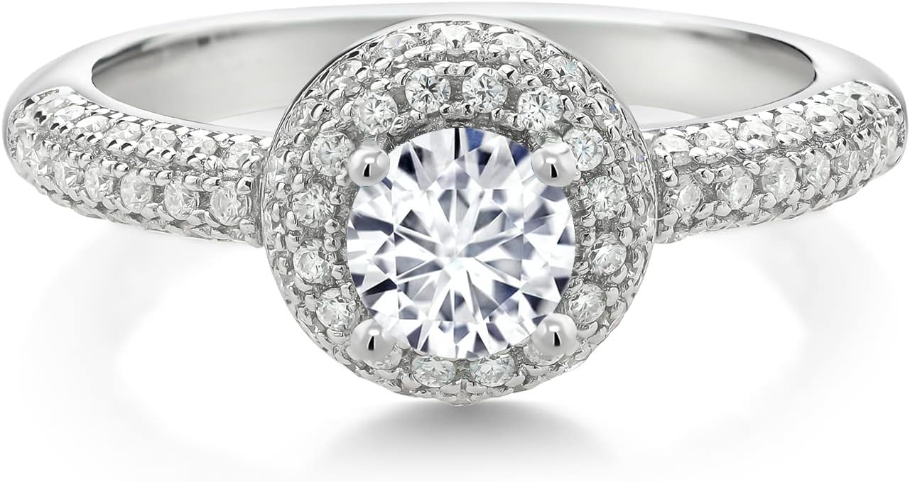 Gem Stone King 925 Sterling Silver Gemstone Birthstone and White Moissanite Halo Engagement Ring For Women | Round 5MM | Wedding Anniversary Promise Ring | Available In Size 5, 6, 7, 8, 9