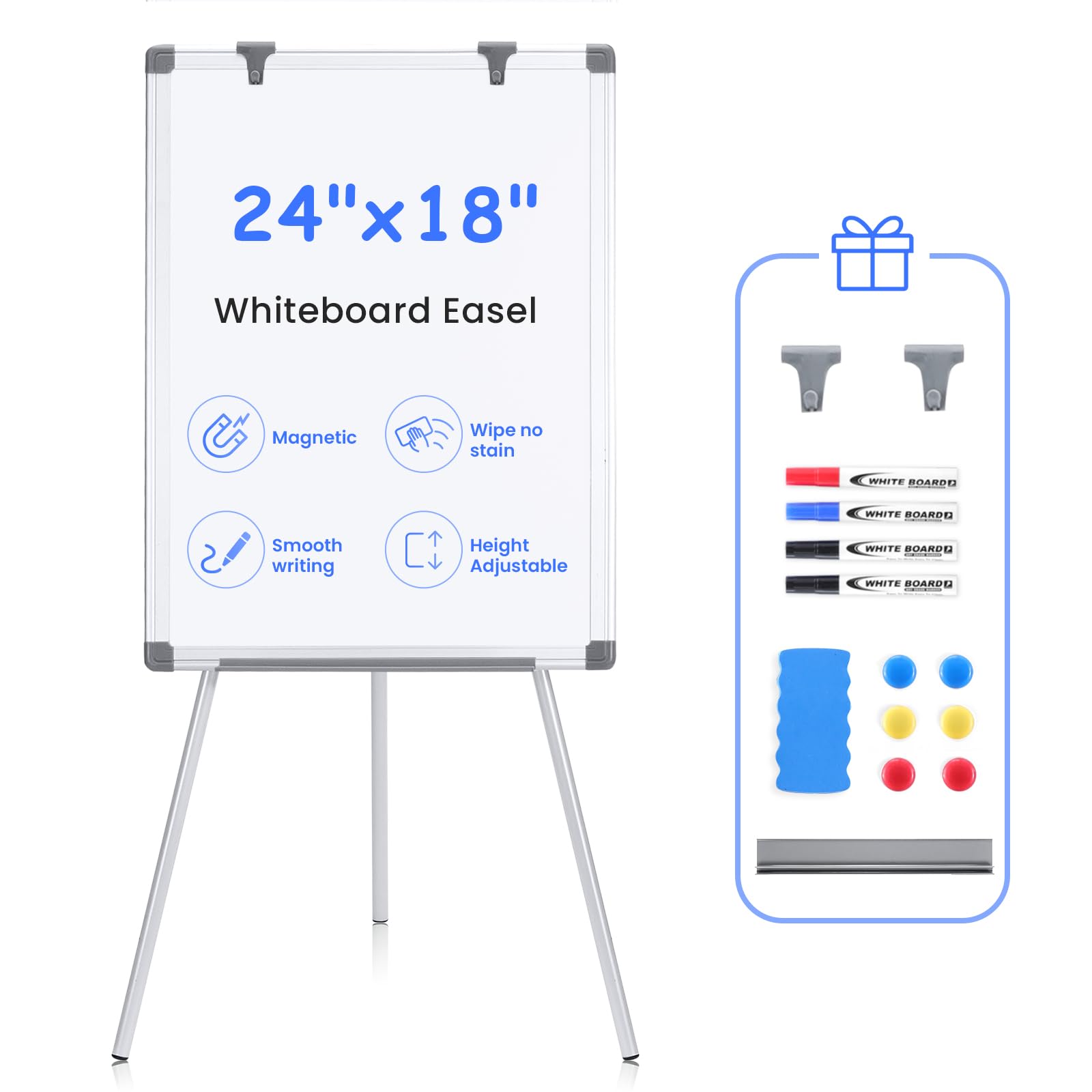 MAKELLO Flip Chart Stands 60x45cm, Whiteboard with Stand for Home School Office, Height Adjustable and Foldable, Aluminum Frame