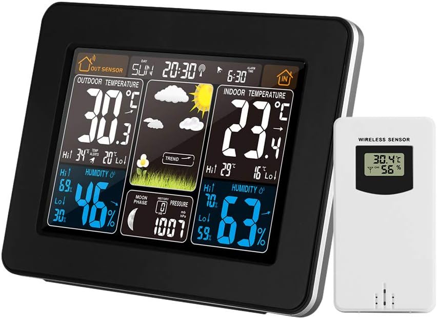 FJ3365 Color Weather Station Indoor/Outdoor Wireless Humidity Barometer Hygrometer Electronic Desk Table Clocks Weather Forecast with Outdoor