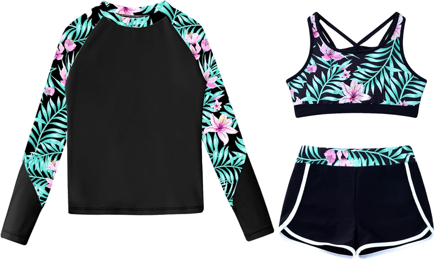 iiniim Kids Girls 3 Piece Swimwear Rash Guard Long Sleeve Shirt Shorts UPF 50+ Swimsuits Bathing Suit