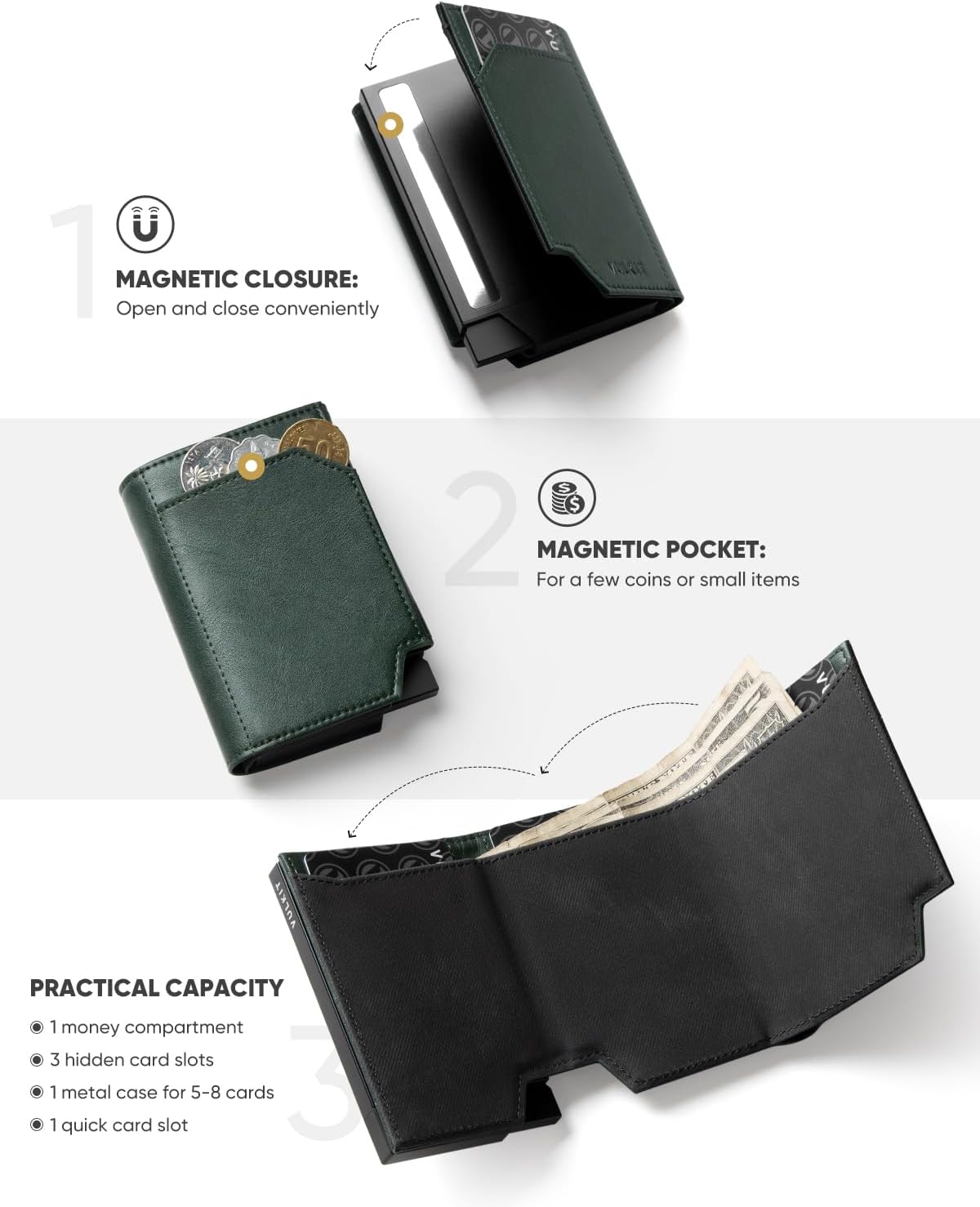 VULKIT Metal Pop up Wallet for Men, Smart RFID Blocking Credit Card Holder Magnetic Closure Men's Leather Trifold Wallets(Green) - Image 3