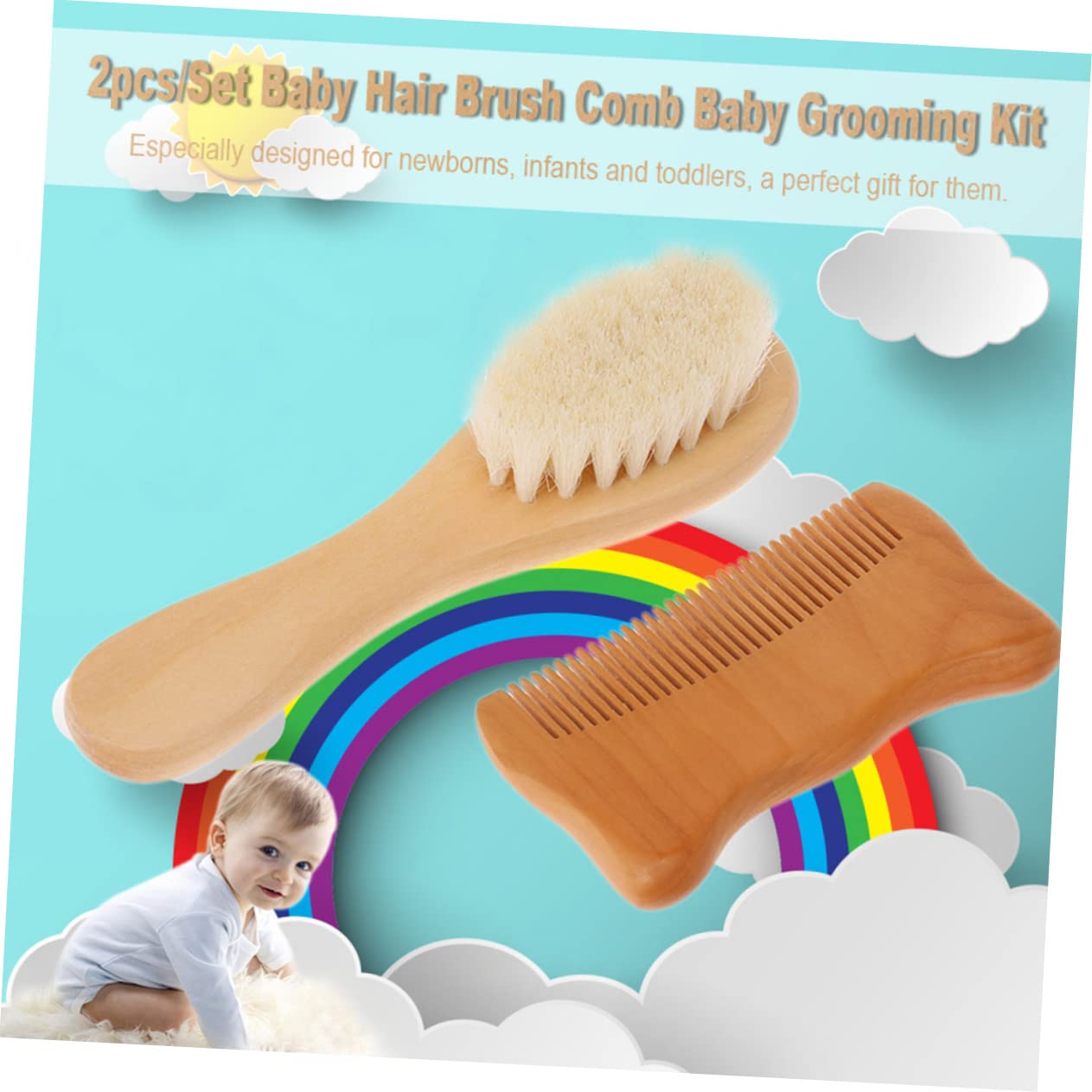 OSOLADY 2Pcs Comb and Brush Set Natural Wooden Comb with Hair Brush for Gentle Bathing Stimulates Scalp and Detangles Hair for Newborn Care