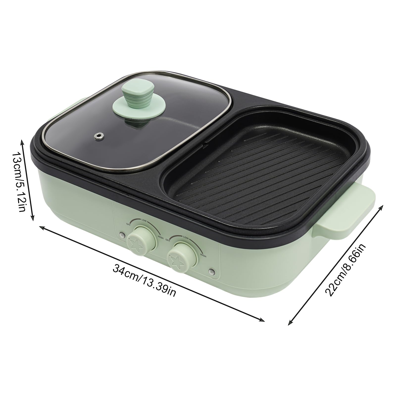 Hot Pot Electric with Grill, 2 in 1 Indoor Non-Stick Electric Pot and Griddle for Korean BBQ, Steaks, Shabu Shabu, and Noodles, Independent Dual Temperature Control, Fast Heating, Green