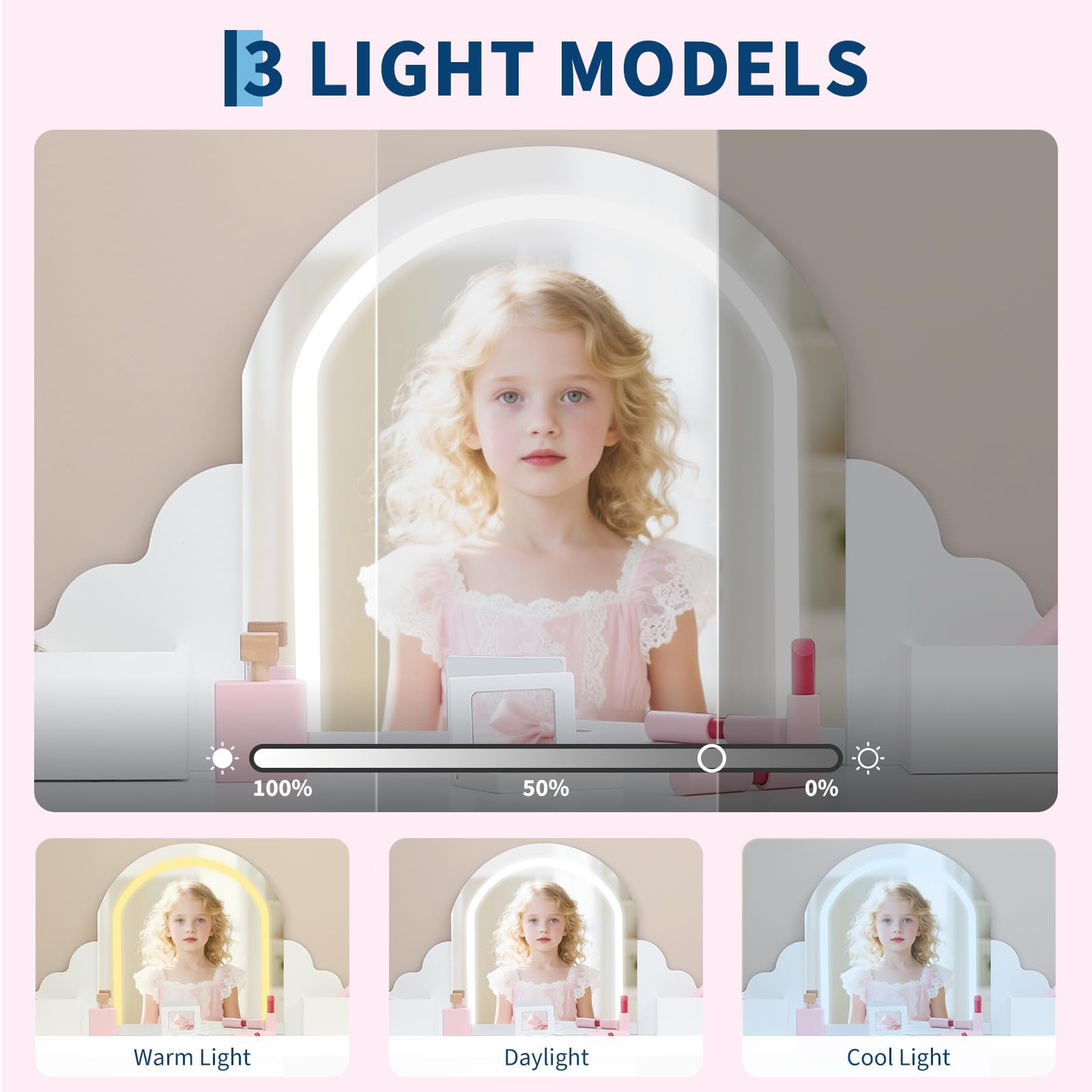 Zstar 2-in-1 Kinder Schminktisch LED Spiegel Hocker Zubehör | Weißer Frisiertisch mit höhenverstellbarem Licht, Schublade, Regal und Make-up Zubehör