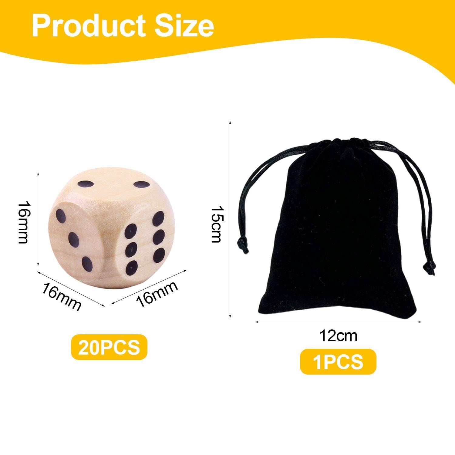 WUFGWBD 20 Black Dot Wooden Dice, 1 Storage Bag, Cube Game Dice, Family Party Game, Wood Color - Image 2