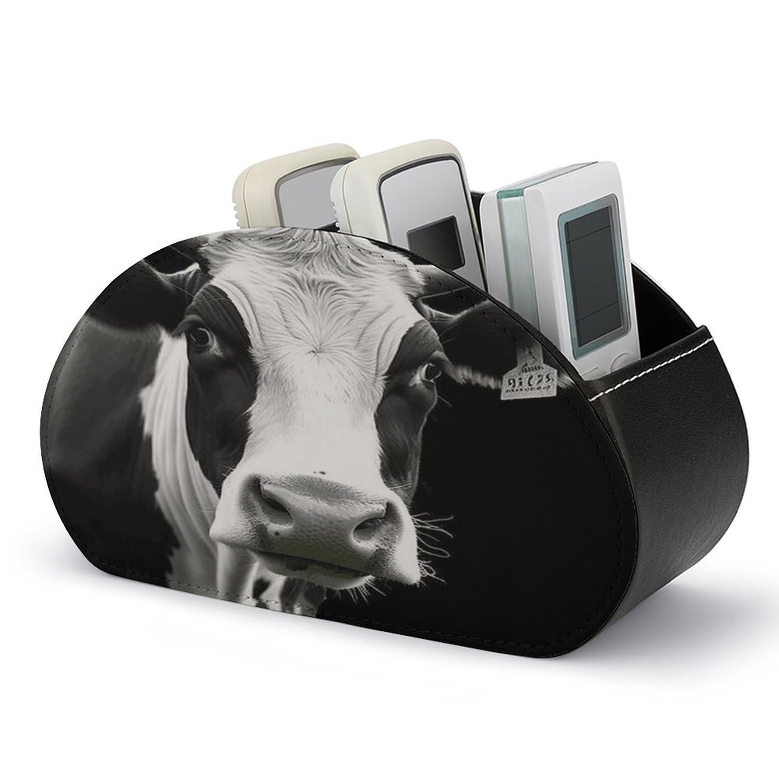 LZQPOEAS Animal Funny Cow Head Black White Remote Control Holder with 5 Compartments PU Leather Remote Organizer Box Caddy for Table Nightstand Remote Caddy Desktop Organizer Fits Media Controllers