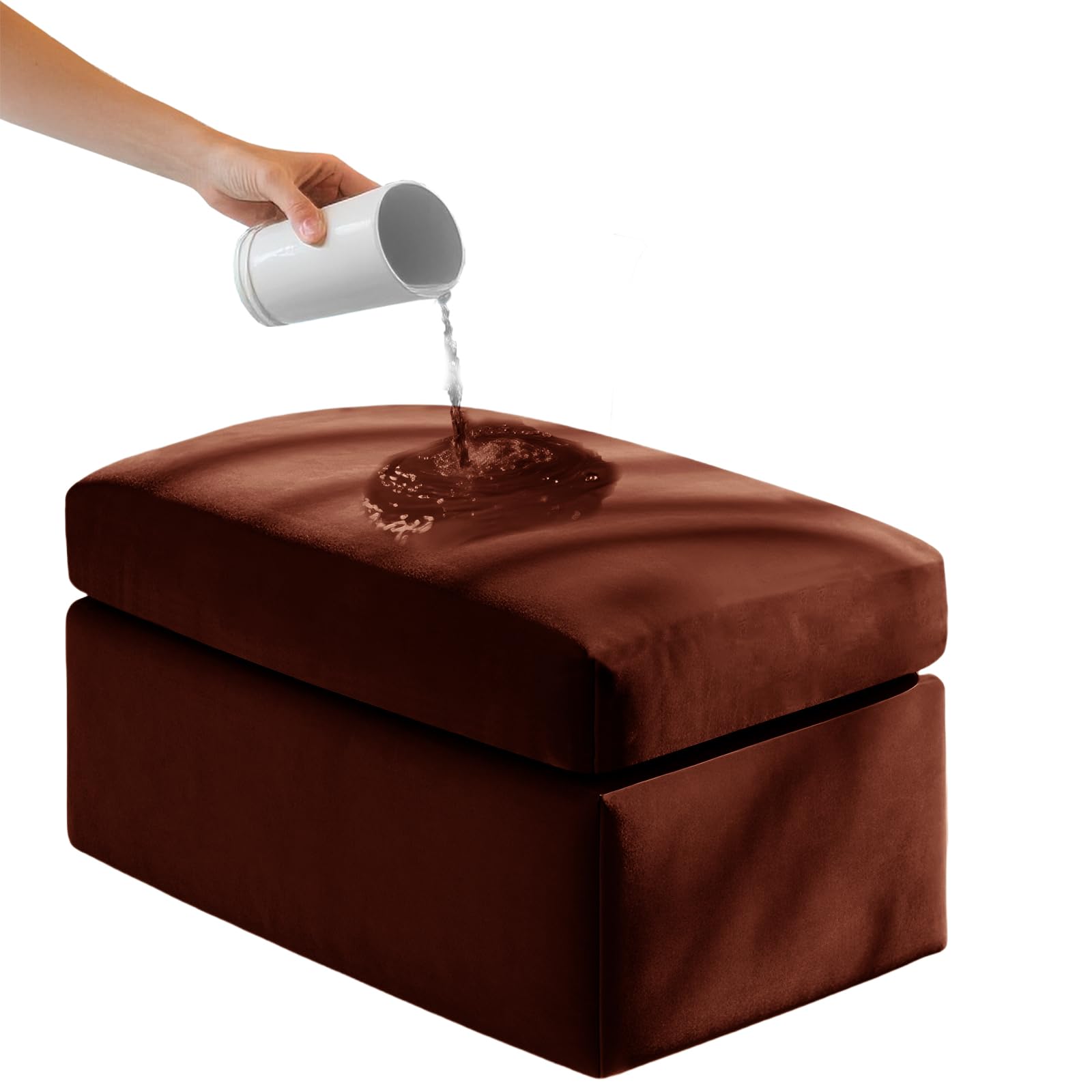 UNBBRRL Ektorp Ottoman Cover Square Waterproof Foot Stool Covers Rectangle Stretch Velvet Fabric with Nonslip Elastic Bottom (Redbrown,W:100-130cmD:50-70cm+seat)