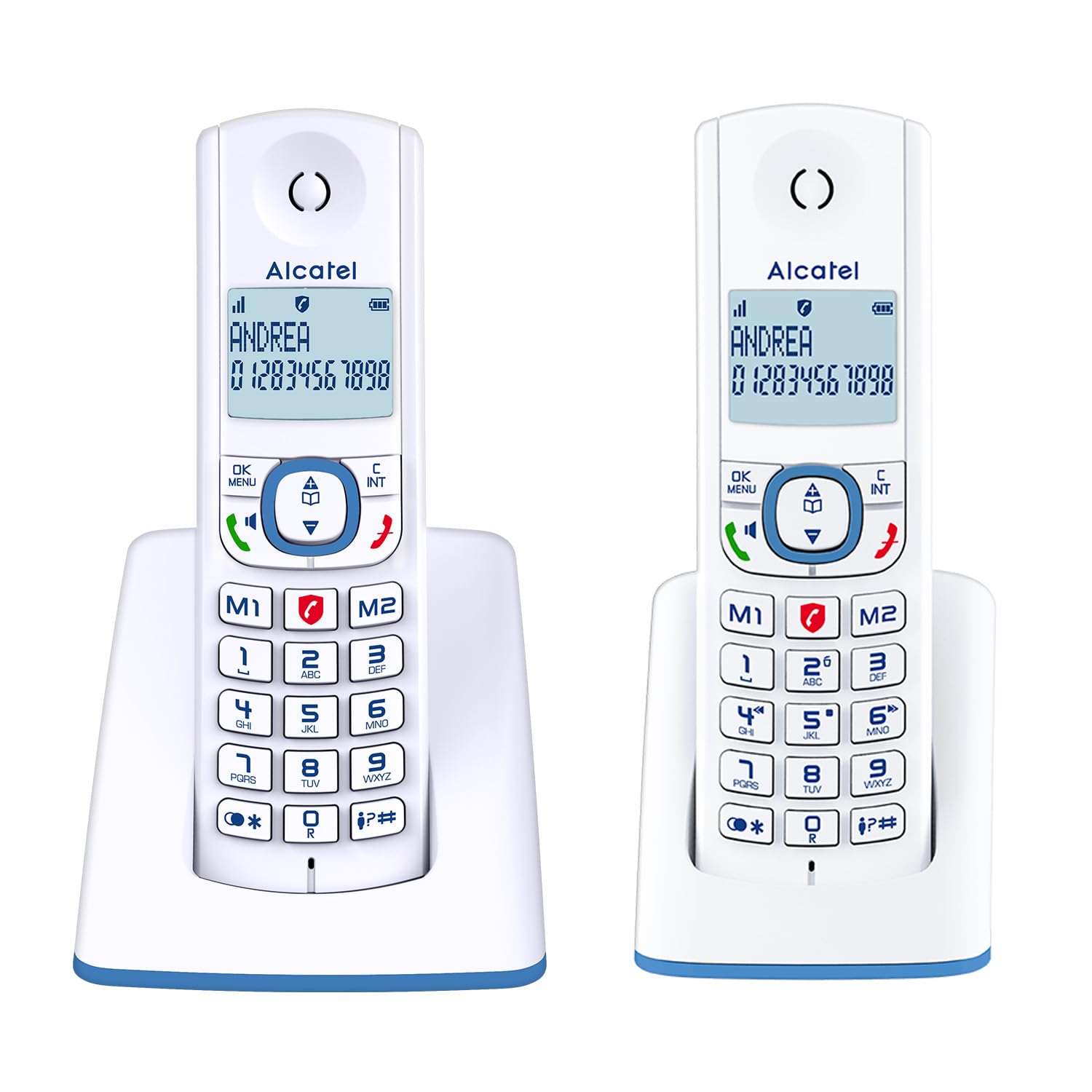 ALCATEL F530 Duo Téléphone Fixe Sans Fil DECT Grand Écran Rétroéclairé Mains Libres 2 Combinés Blanc/Bleu