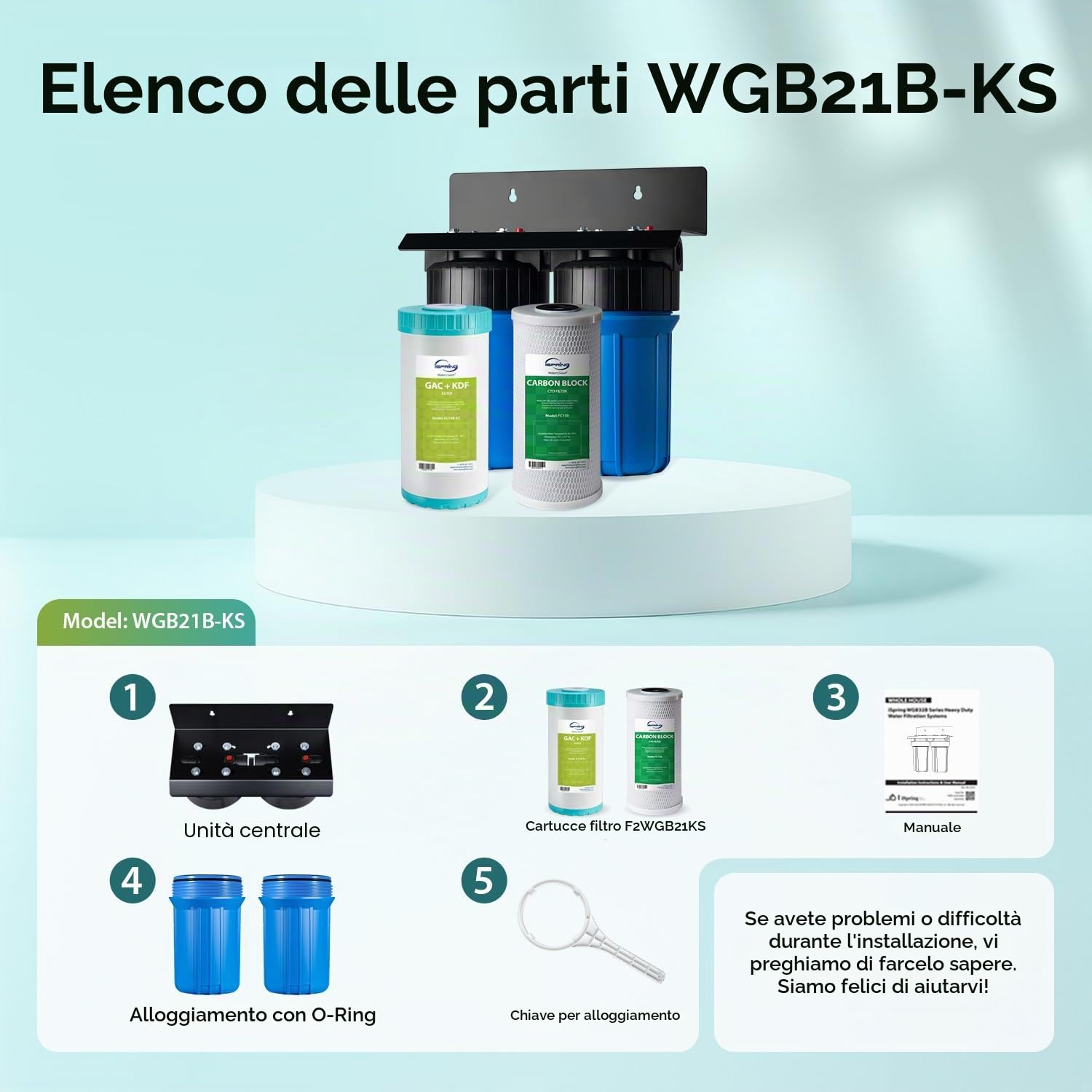 iSpring WGB21B-KS Purificatore d'Acqua, Sistema di Filtrazione Acqua Ingresso Generale per Tutta la Casa, Filtro CTO 10"x4.5", Filtro KDF+GAC, Elimina Cloro, Ferro, Piombo e Odori, Connessione 1"