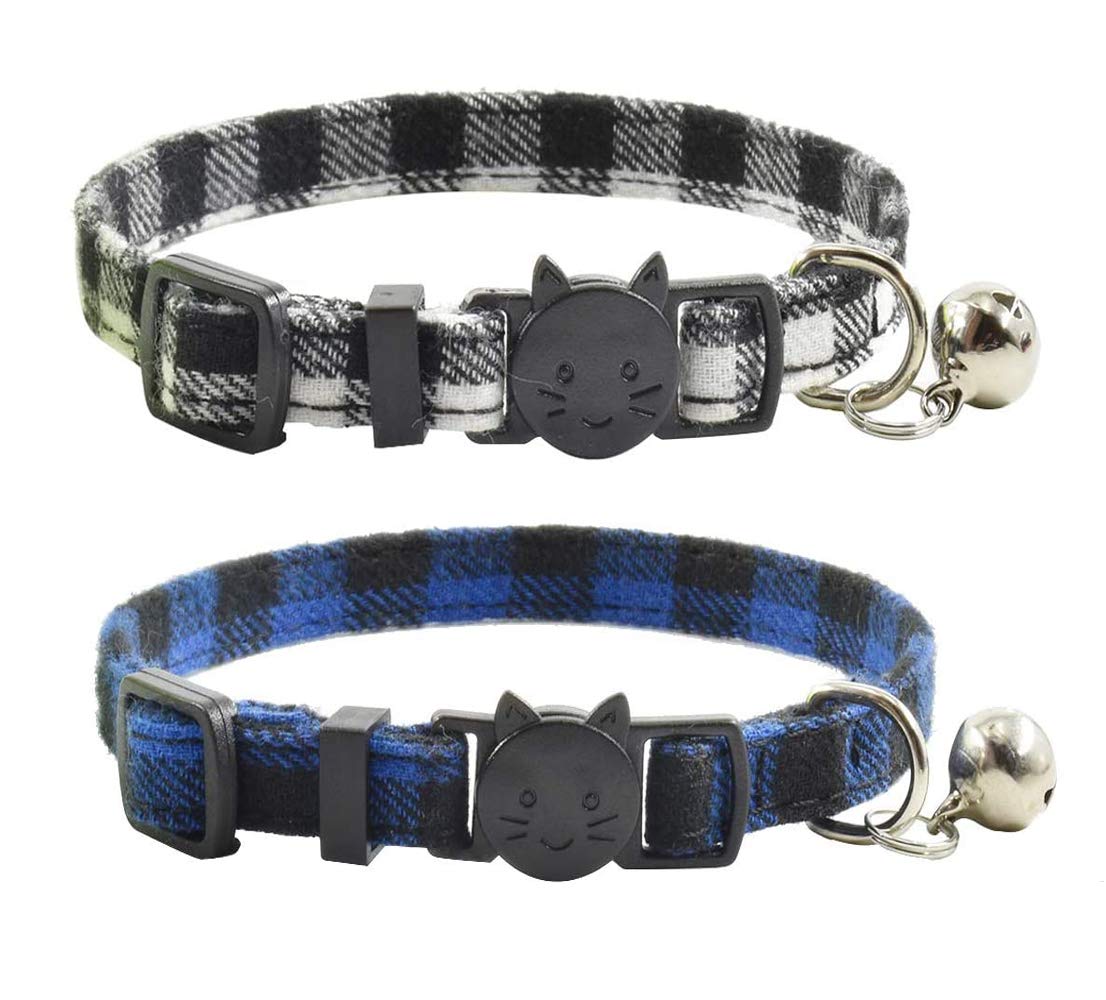 Collar de gato con campana, bonito diseño de patrones a cuadros, collares de seguridad ajustables para gatitos, paquete de 2 collares para mascotas para gatos (7-11 pulgadas, negro y azul)