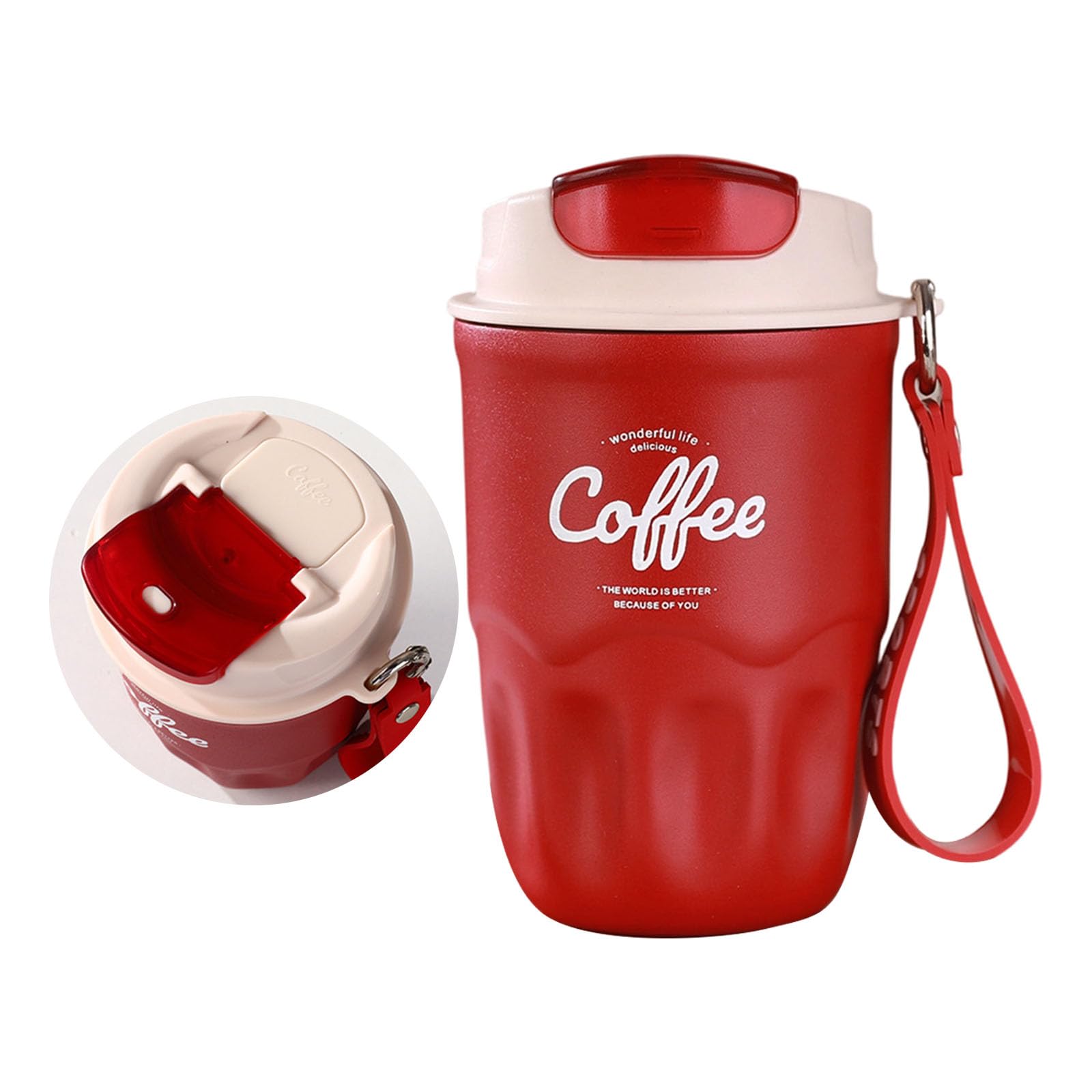 Elnwnnkc Insulated Travel Mug Stainless Steel Coffee Cup with Carry Strap, Drinking Lid and Compact Desk Drink Carry Use Compact Daily Tea Water