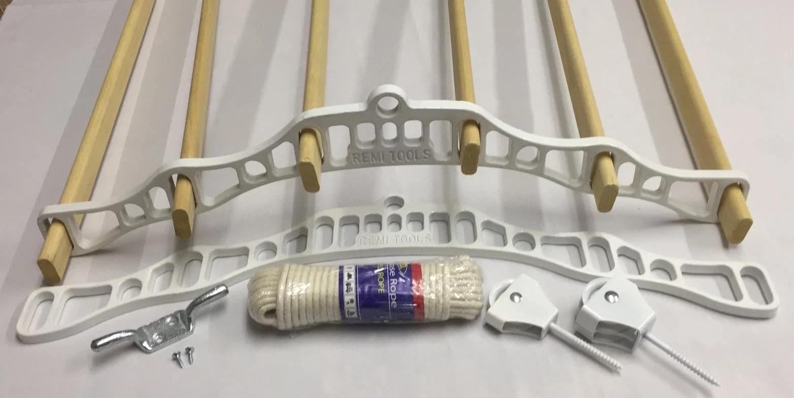 Remi Tools(R) White (6 Laths) Remi Tools Traditional Kitchen Airer Pulley Dryer Kit With 6 Wood Laths Slats 1.15M Victorian Edwardian Clothes Horse Creel Airer Dryer Kitchen Rack Ceiling Pulley Laundry Drier (White, 6 Slats)