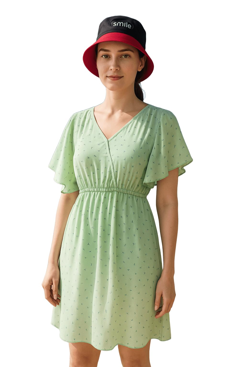 Women's Floral Print Midi Dress, V-Neck, Flutter Sleeves, Mint Green, Knee Length-image-26