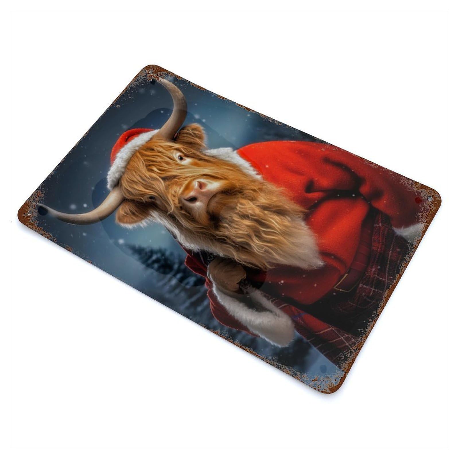 Santa Highland Cow Weathered Tin Sign 11.8"x7.9", Rustic Home Decor for Office, Studio And Wall Decor