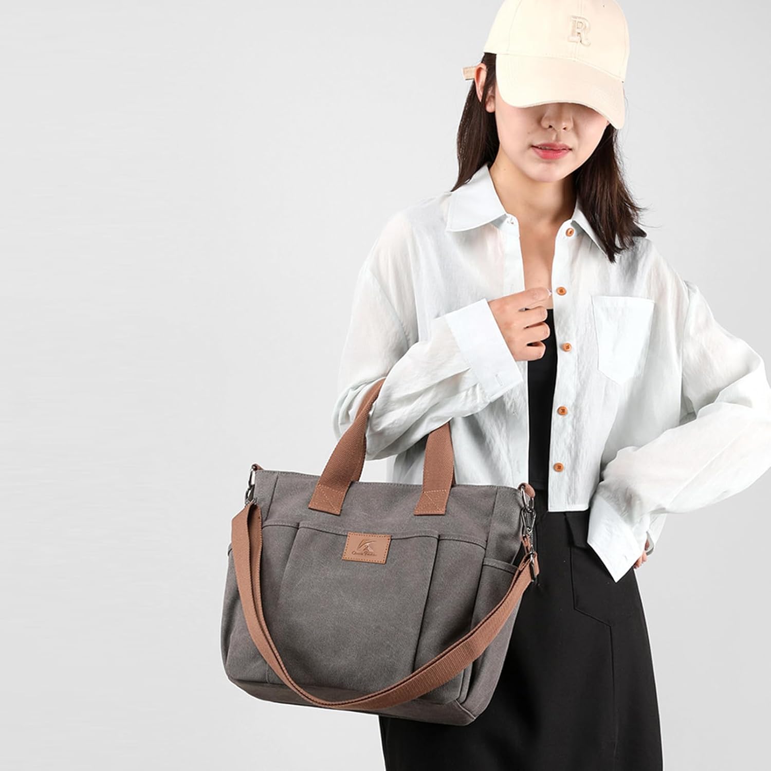 Women's Canvas Tote Bag Lightweight Work Handbag Travel Crossbody Purse with Water Bottle Pocket - Image 5