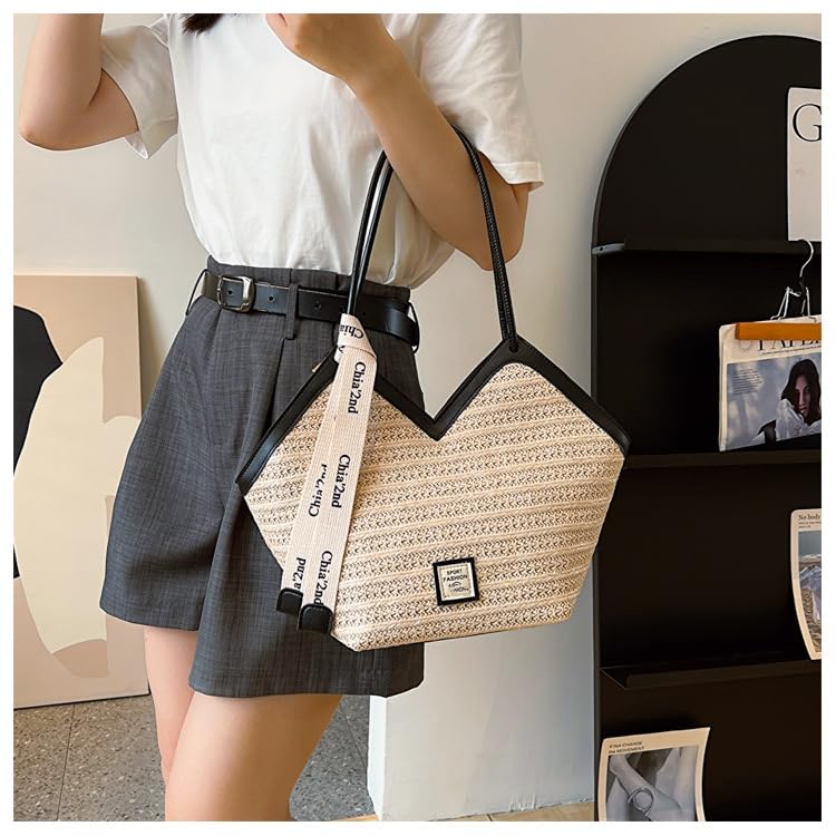 Women Straw Shoulder Bag Beach Tote Bag Handmade Woven Shoulder Bag Large Beach Handbag4