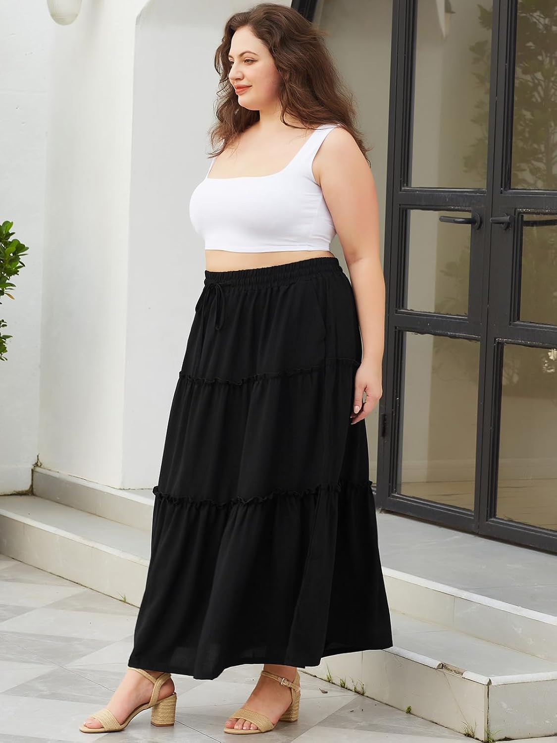 Moon Wood Plus Size Maxi Skirts for Women Trendy Long Flowy Boho Tiered Skirt Renaissance Summer Beach Skirt with Pockets - Image 3