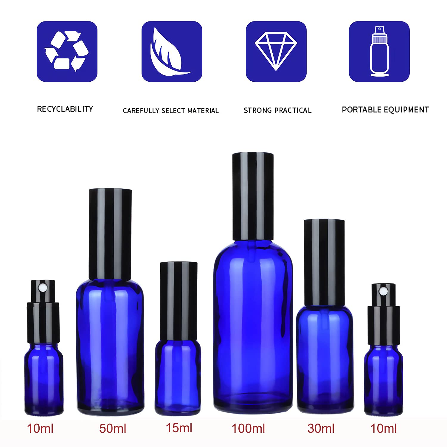 12 Piezas 100ml Frasco de Vidrio Azul con Pulverizador Negro Botella de Cristal con Bomba en Spray Vacía Reutilizable Ideal para Perfume o Composición con Aceites Esenciales Embudo