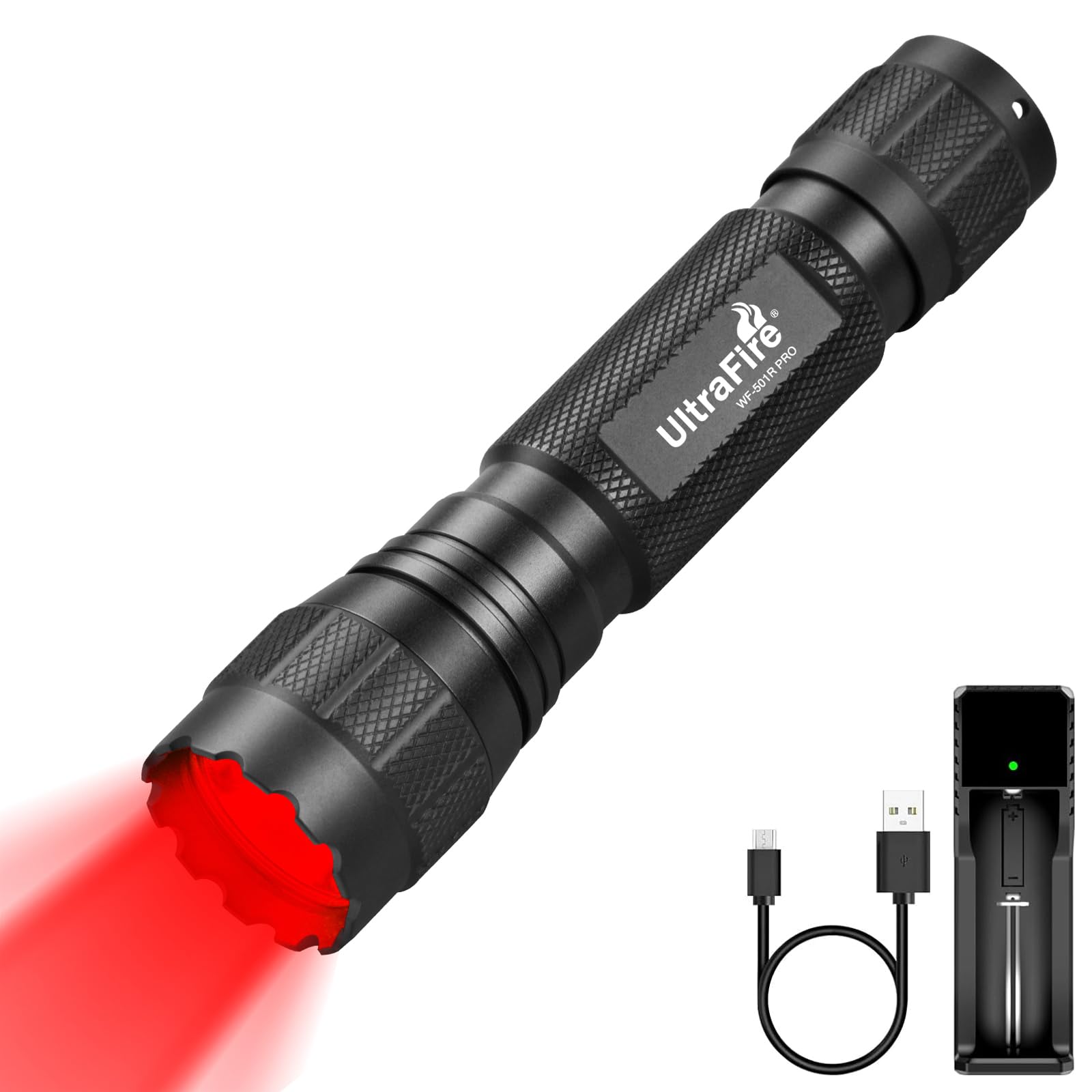 Ultrafire Black Red Light Led Torch 620-630Nm Red Hunting Torch With Holster, 10W High Power Red Led Torch For Night Vision, Hunting, Astrophotography, Observation, Wf-501R Pro
