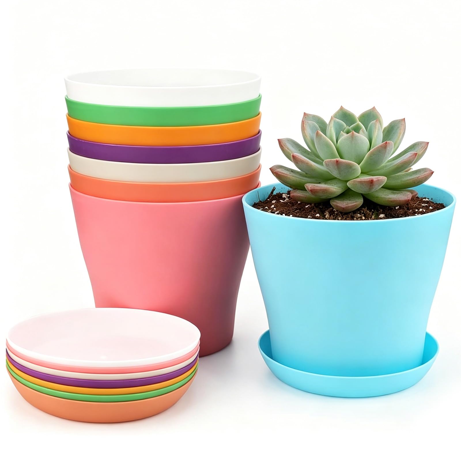 PUHTUOY Plastic Plant Pots 8 Pack, 10cm Flower Pots with Drainage Holes and Trays, Colourful Indoor Outdoor Planters for House Plants, Herbs,Succulents and Seedlings 8 Colors (10cm)