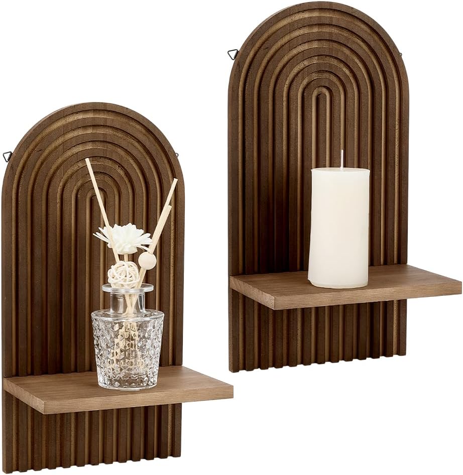 PH PandaHall 2 Set Arch Wall Candle Sconces Boho Wall Decor 13.5x7 inch Natural Wood Rainbow Candle Holder Arched Wooden Hanging Shelves for Bathroom Living Room Bohemian Home Decor, Burlywood