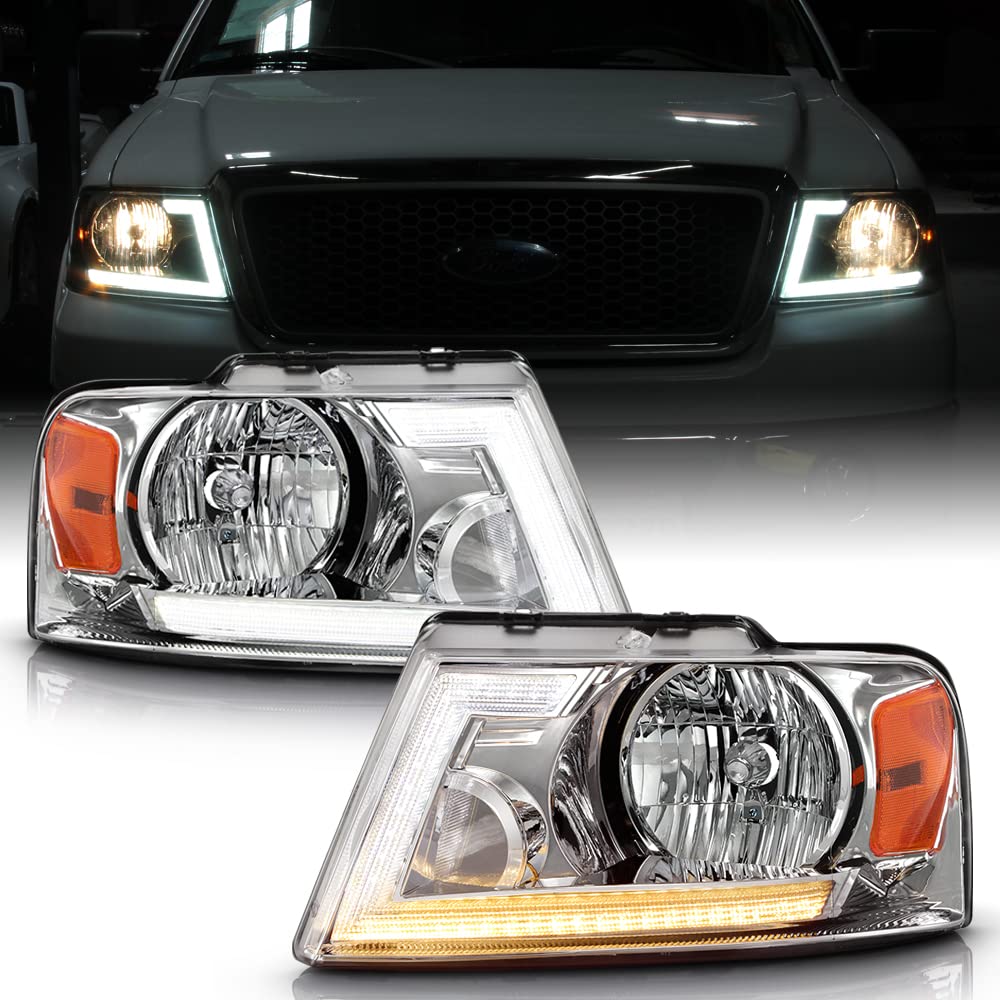 ACANIIFor 2004-2008 Ford F150 06-08 Lincoln Mark LT Chrome LED Tube Switchback Turn Signal Headlights Headlamps Pair