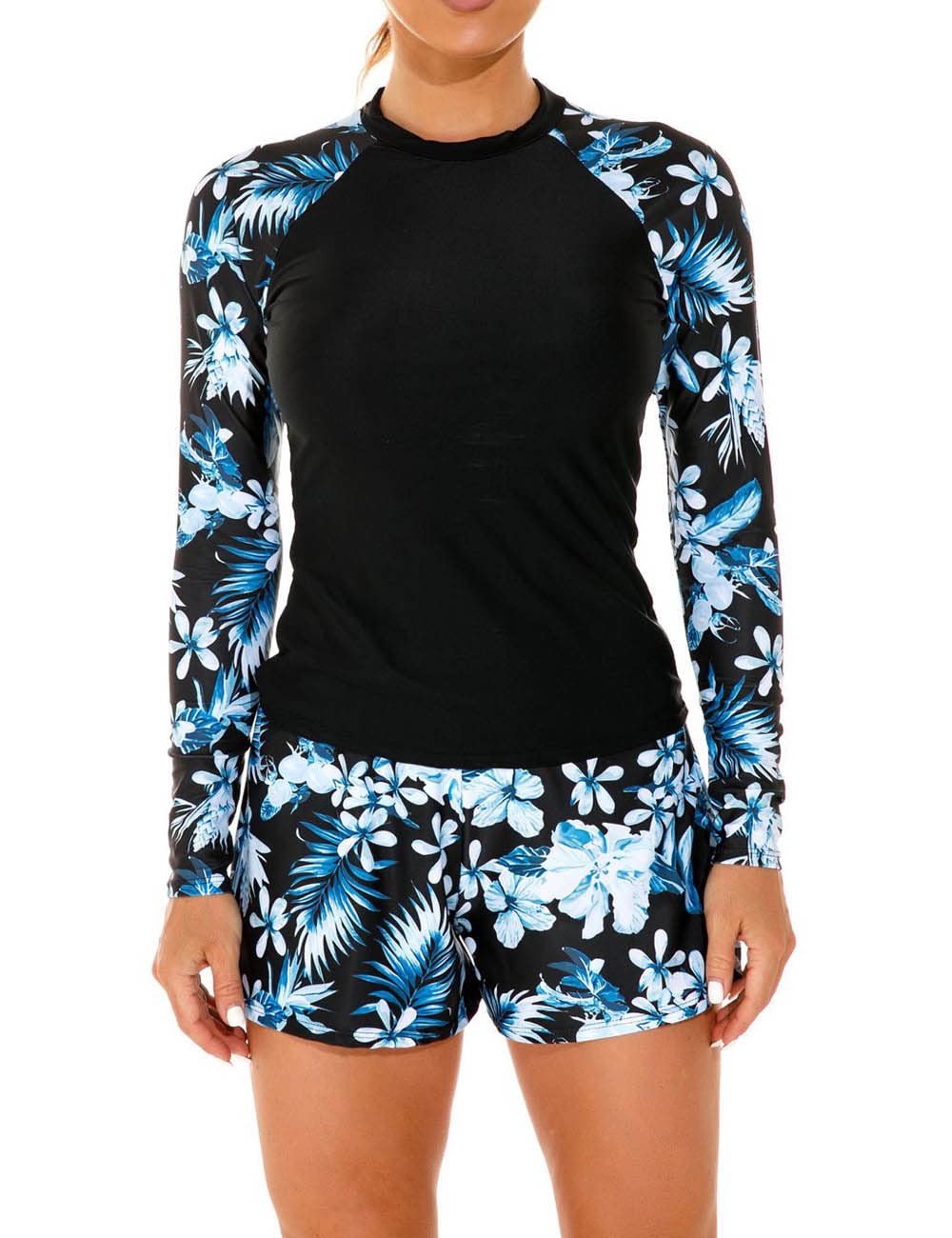 JadeRich Women Two Piece Rash Guard Long Sleeve Swimsuit UV UPF50+ Swim Shirt Bathing Swimwear with Short Bottom L Black/Blue