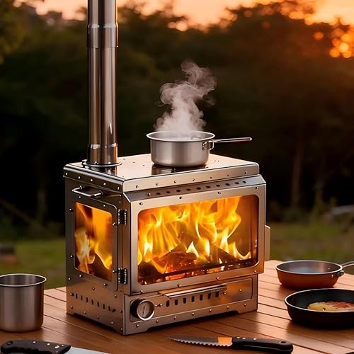 Miniatura 2 de Estufa de leña para acampar al aire libre, estufa de tienda caliente, acero inoxidable, chimenea, vidrio resistente al calor de tres lados, para