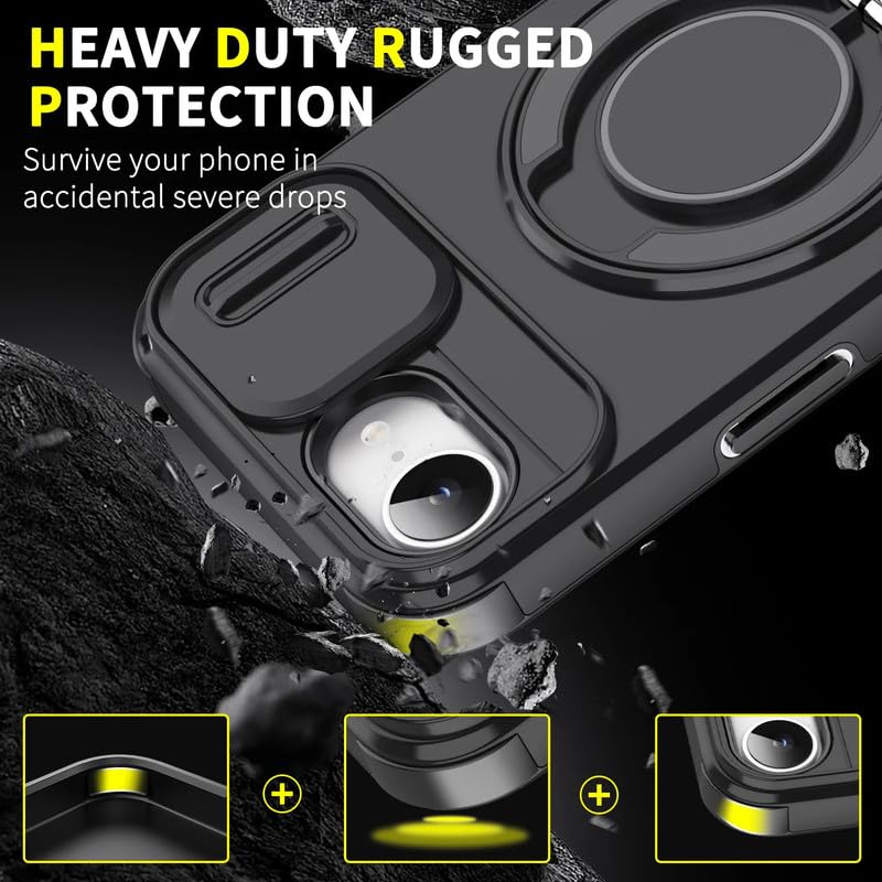 Image of LuxuryKase Shockproof Rugged Case for iPhone 16e | iPhone 17e | Slide Camera Cover | 360 Rotating Ring Kickstand | Military-Grade Protection - Matte Black