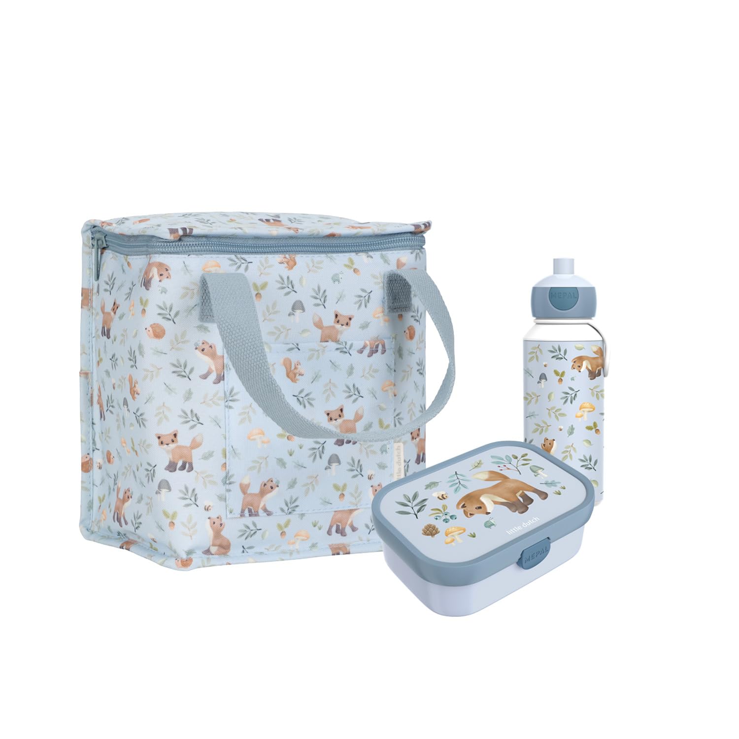 Little Dutch Set Kühltasche, Brotdose Campus & Trinkflasche Pop-up blau Fuchs - Forest Friends