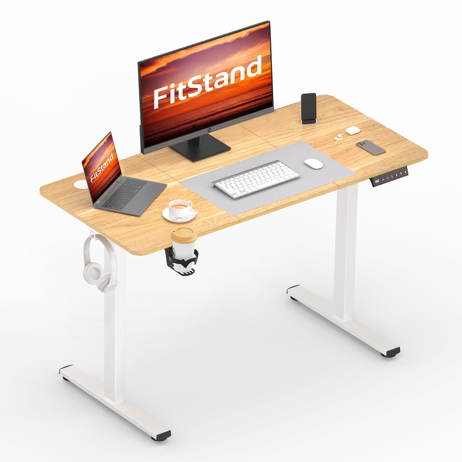 FitStand FQ1 120x60cm Electric Height Adjustable Standing Desk, Sit Stand Desk, Computer Desk With Hooks, Child Lock, Memory Function, Suitable For Office And Home - Maple