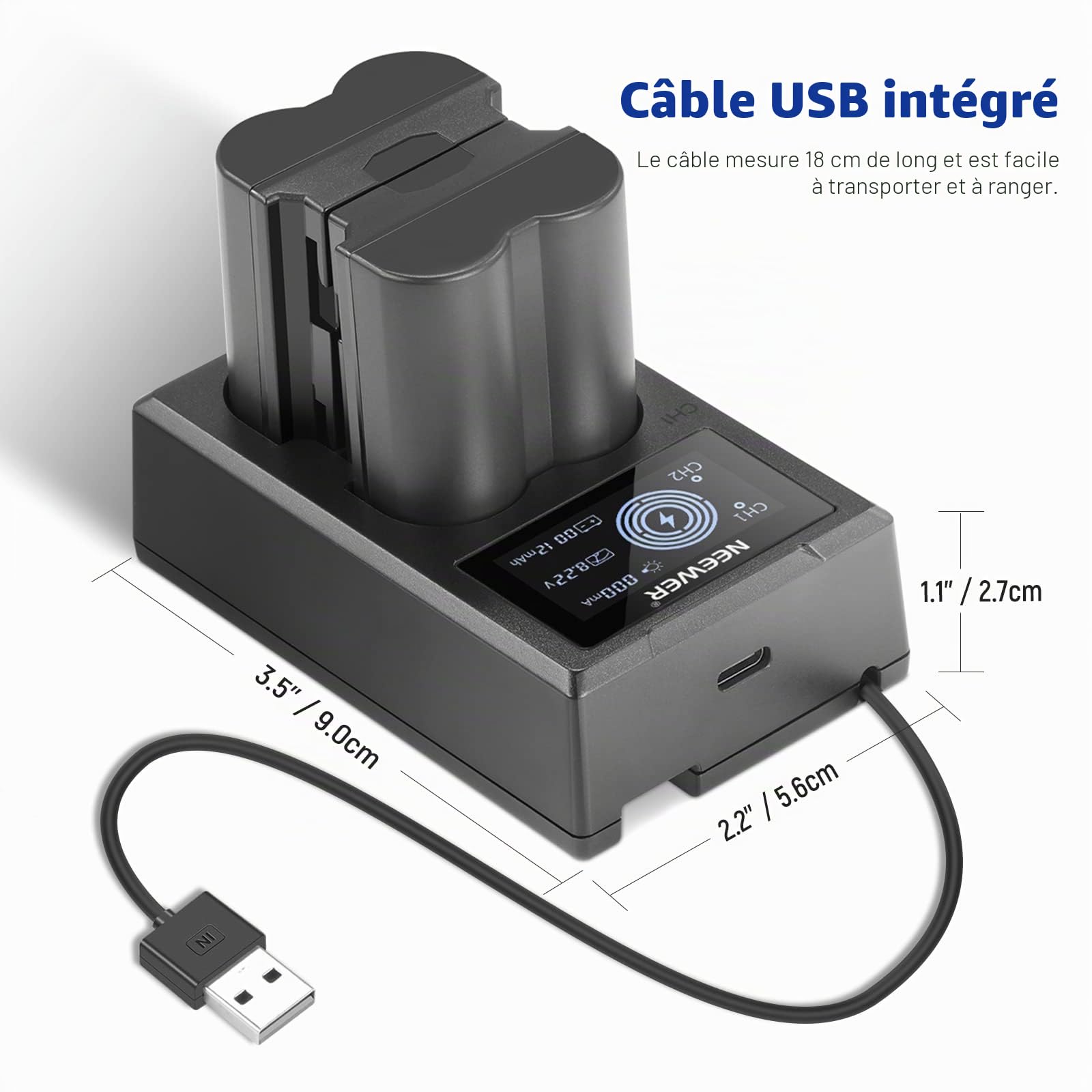 NEEWER NP-W235 Lot de 2 chargeurs de Batterie pour Appareil Photo - Double Fente USB - avec écran LCD - 2400 mAh - Batteries de Rechange compatibles avec Fujifilm X-T5 X-T4 GFX 100S X-H2S GFX 50S II