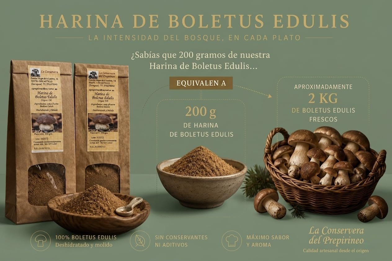 Boletus Edulis en Polvo (200grs.) - Setas Silvestres Deshidratadas. Harina de Boletus Gourmet para Mejorar tus Patos, Salsas, Cremas, Risottos. Producto Gourmet Sin Conservantes 100% Boletus.